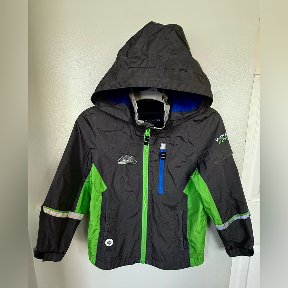 London Fog Hooded Raincoat 6 Little Boys S Full Zip Gray Green Lined All Weather